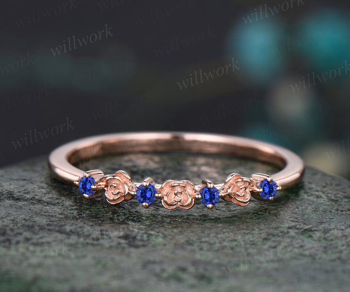 Unique Round Blue Sapphire Wedding Band Floral Flower Nature Inspired Wedding Ring September Birthstone Stacking Band