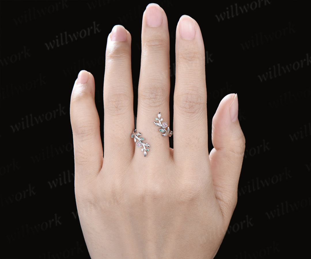 Natural pink tourmaline emerald wedding band floral leaf vine enhancer band stacking ring open gap band