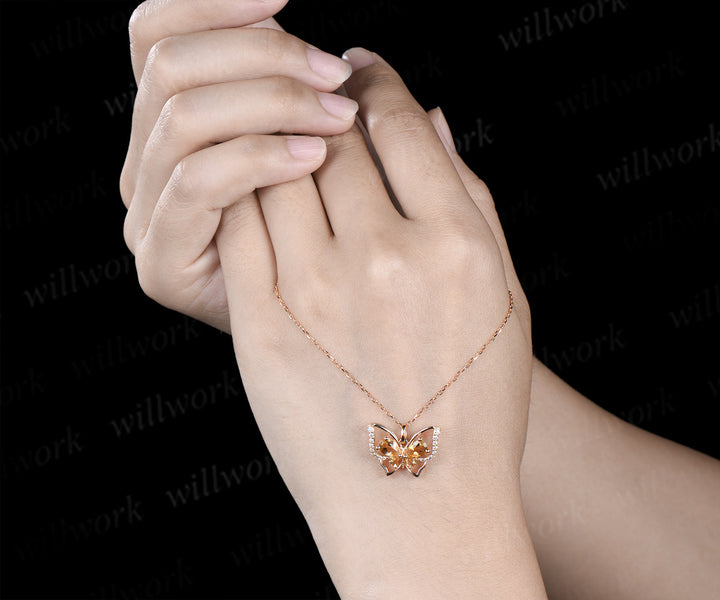 Vintage pear citrine butterfly necklace solid 14k yellow gold cystal pendant hollow up butterfly diamond pendant necklace gifts for her