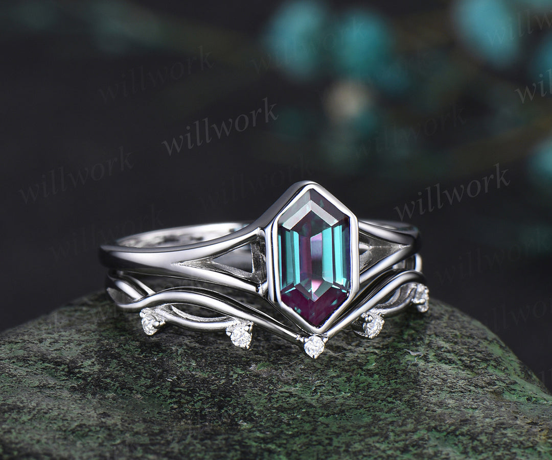 Long hexagon cut alexandrite Engagement Ring Set Solitaire split shank white gold ring vintage infinity wedding Anniversary gift