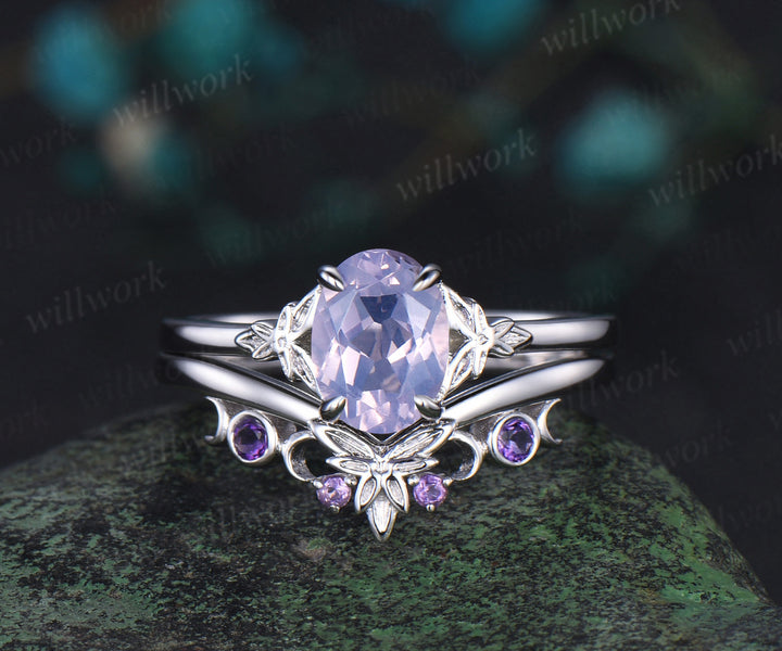Oval cut Lavender Amethyst Engagement Ring bezel Crystal white gold moon Celtic knot bridal set Norse Viking Jewelry