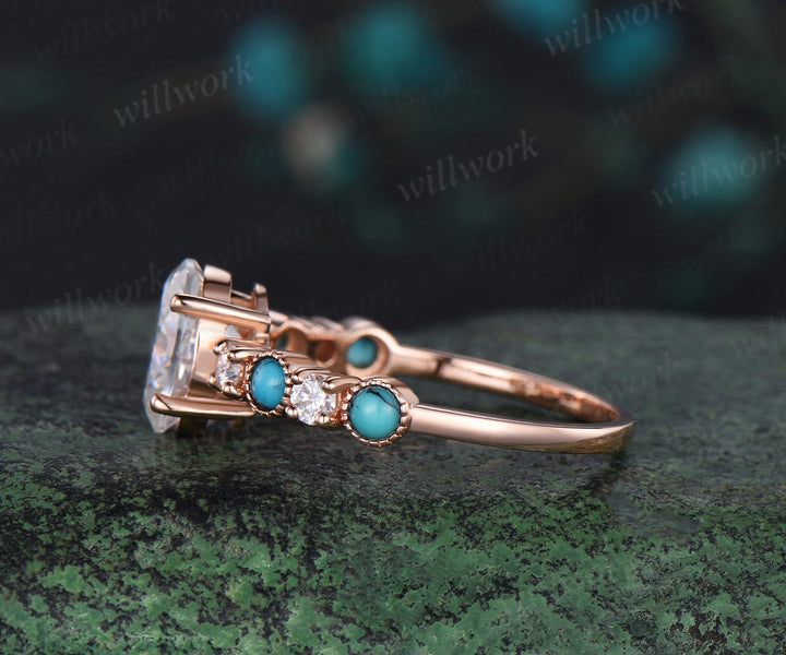 2ct Unique Oval Moissanite Half Eternity Engagement Ring Vintage Round Bezel Turquoise rose gold Art Deco Bridal Ring Anniversary Gift