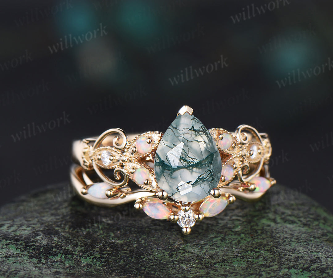 Pear shaped green moss agate ring 14k yellow gold opal butterfly Milgrain engagement ring set women art deco unique wedding ring set