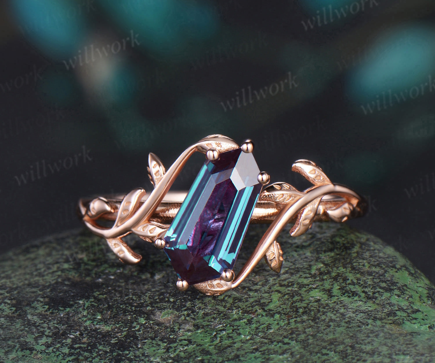 Shield shaped alexandrite Engagement Ring rose gold nature