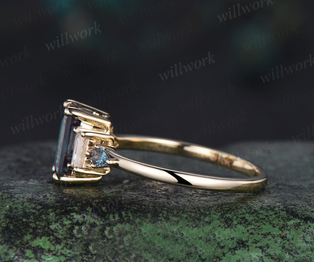 Emerald cut alexandrite Engagement Ring 14k yellow gold Baguette cut Moissanite Five Stone Ring women