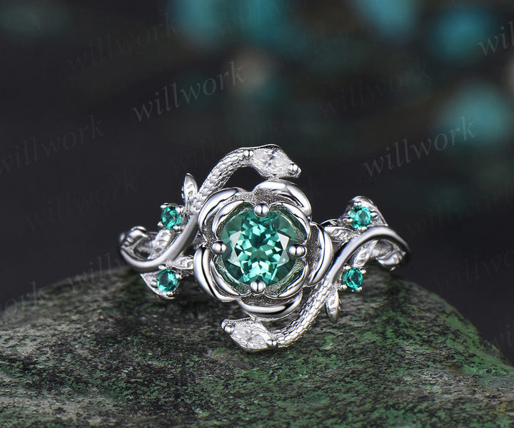 Round cut green sapphire ring vintage leaf floral double snake engagement ring 18k white gold emerald wedding ring women