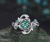 Round cut green sapphire ring vintage leaf floral double snake engagement ring 18k white gold emerald wedding ring women