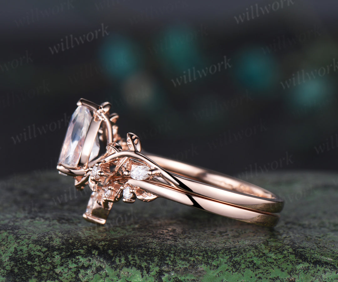 Pear shaped moonstone engagement ring set solid 14k rose gold leaf branch nature inspired promise bridal ring women jewelry