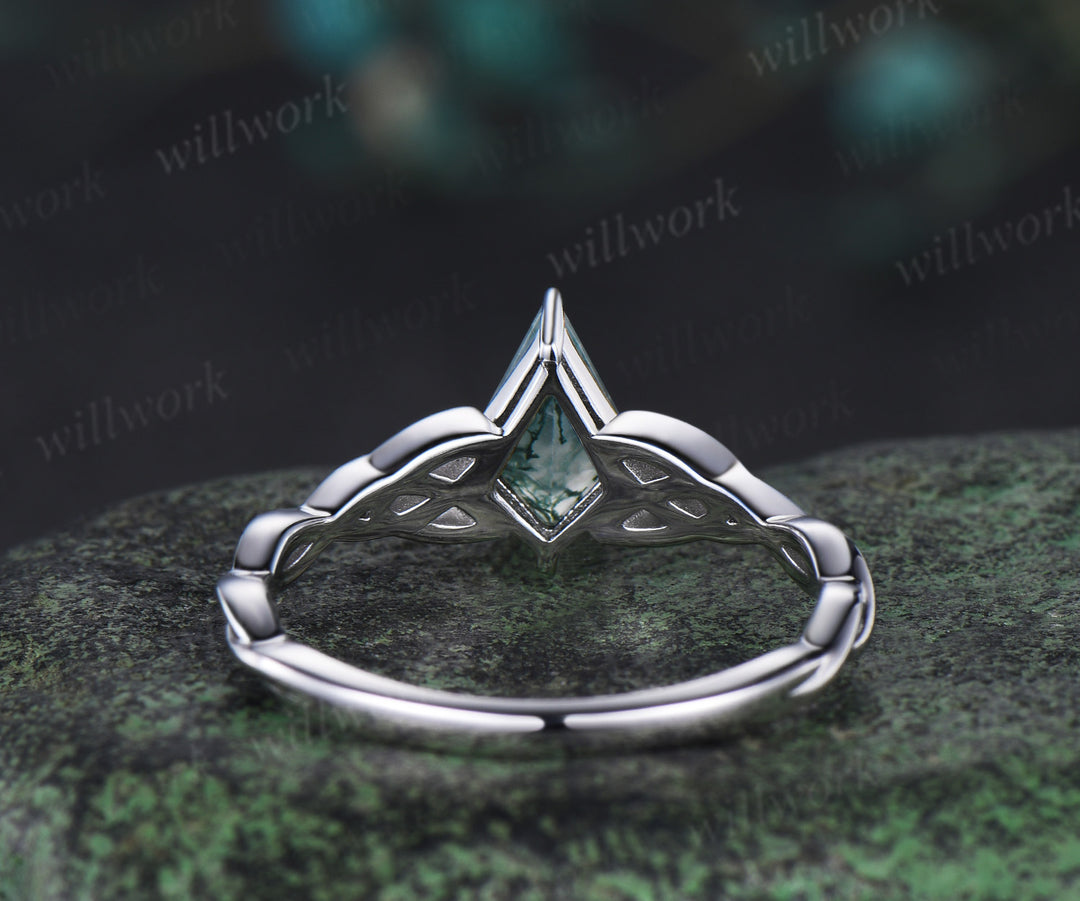 kite cut natural moss agate Celtic knot Solitaire engagement ring white gold Norse Viking Jewelry women anniversary gifts