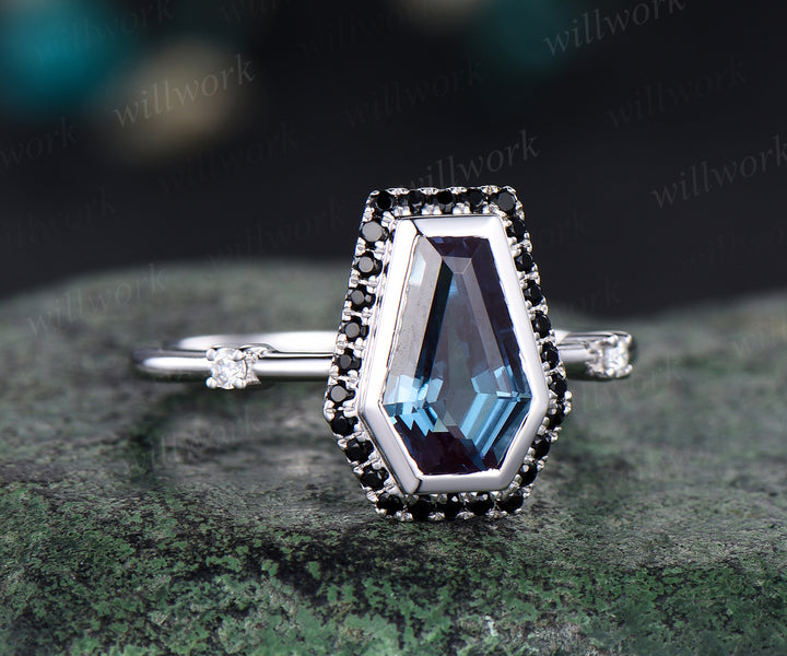Unique coffin alexandrite engagement ring black diamonds halo alexandrite ring bridal wedding ring anniversary gifts for women