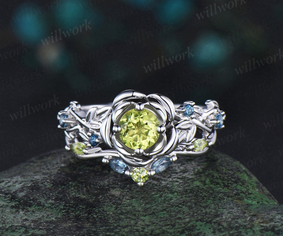 Vintage round cut peridot engagement ring white gold flower floral leaf twisted five stone anniversary ring set women gift