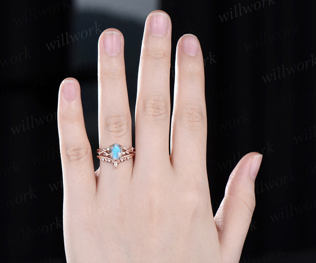 Oval blue labradorite engagement ring set twig branch ring curved leaf moissanite wedding band bridal set for women