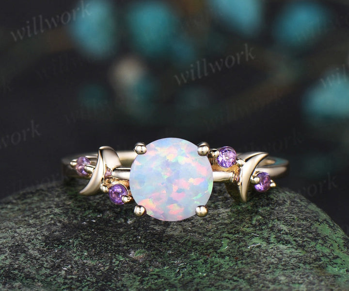 Round white opal engagement ring retro moon amethyst deco ring 14k yellow gold unique crescent promise ring October birthtone jewelry gifts