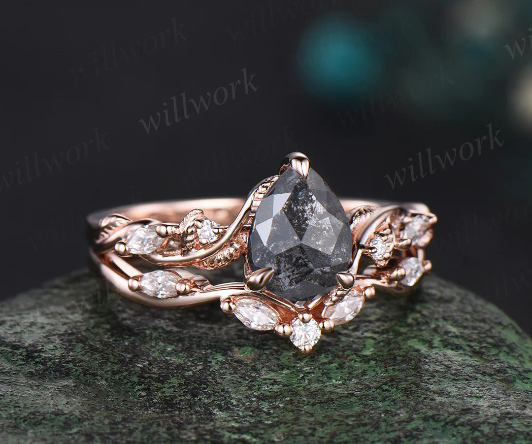 Pear cut salt and pepper diamond engagement Ring Set vintage Nature Inspired Branch rose gold Twist Leaf diamond promise Bridal ring Set women
