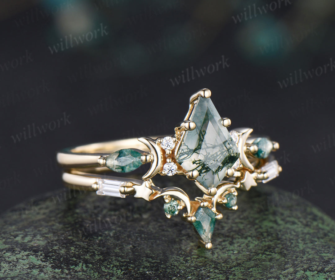 Black gold kite cut moss agate ring Unique crescent moon star engagement ring art deco delicate bridal wedding set handmade anniversary gift