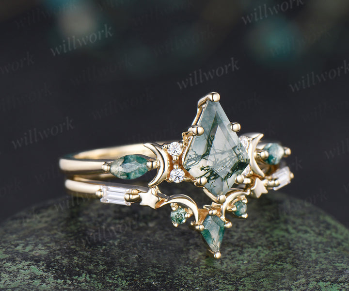 Black gold kite cut moss agate ring Unique crescent moon star engagement ring art deco delicate bridal wedding set handmade anniversary gift