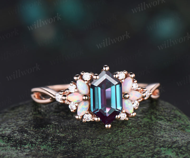 Long Hexagon cut alexandrite engagement ring rose gold women cluster opal diamond unique promise ring her infinity anniversary gfit