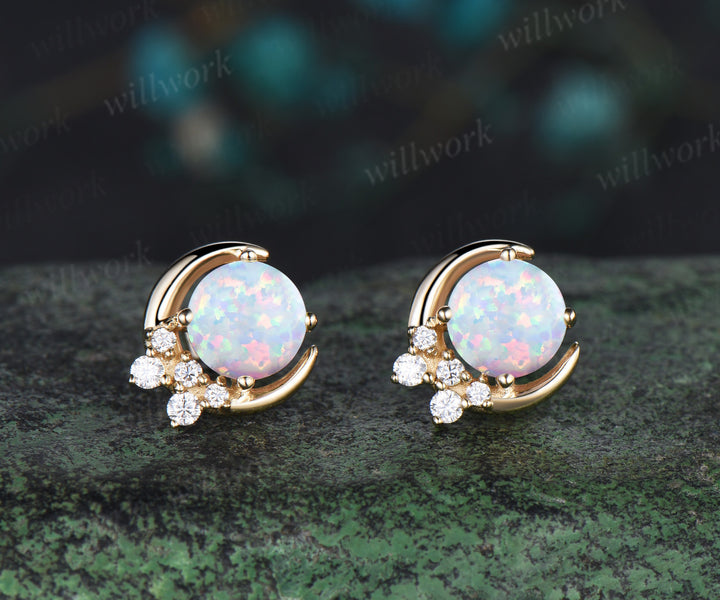 Round opal stud earrings solid 14k yellow gold October birthstone moon cluster diamond earrings anniversary gift for women