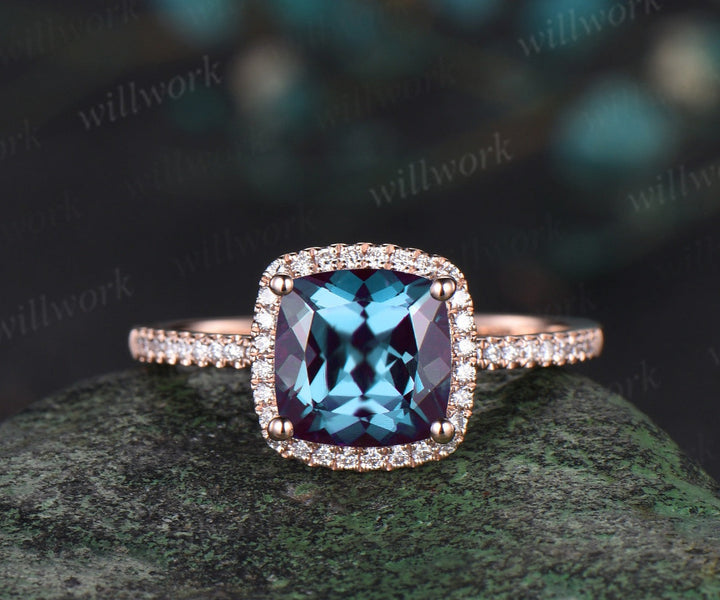 Cushion cut Alexandrite engagement ring solid 14k rose gold half eternity halo diamond wedding promise ring women jewelry