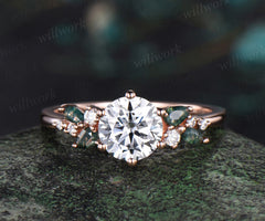 1ct Round cut moissanite engagement ring rose gold 6 prong snowdrift moss agate diamond anniversary promise ring women
