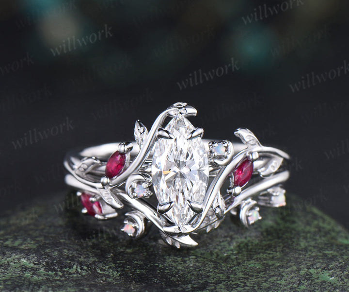 Marquise lab grown diamond ring set leaf moon twig ring ruby opal accents nature inspired bridal set