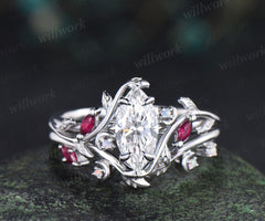 Marquise lab grown diamond ring set leaf moon twig ring ruby opal accents nature inspired bridal set
