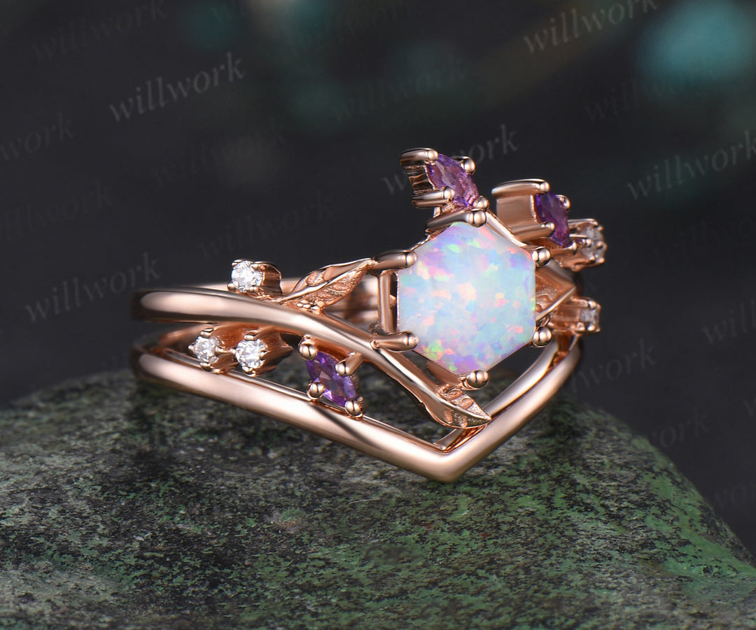 Hexagon white opal engagement ring rose gold twisted leaf amethyst moissanite bridal anniversary ring set women