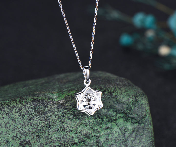 Unique Round Cut Moissanite Necklace Minimalist hexagram Halo Moissanite Pendant 14k White Gold Bridal Jewelry Christmas Snow gift