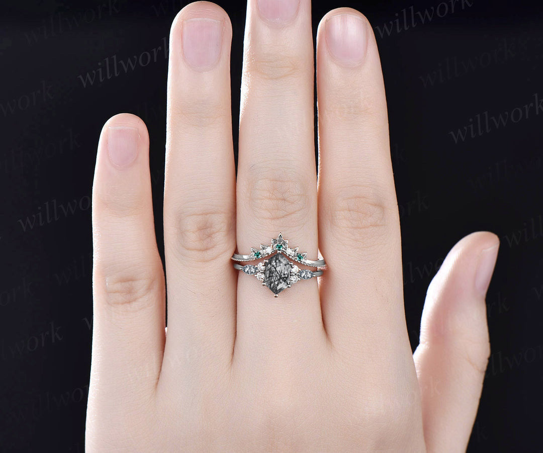 READY TO SHIP: Hexagon Black Rutilated Quartz Engagement Ring - 10k White Gold - Ring Size: 7 US