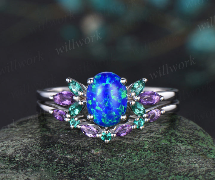 Blue Opal Wedding Ring Set Oval Opal Engagement Ring 14k White Gold Emerald Amethyst Promise Jewelry Anniversary Gift