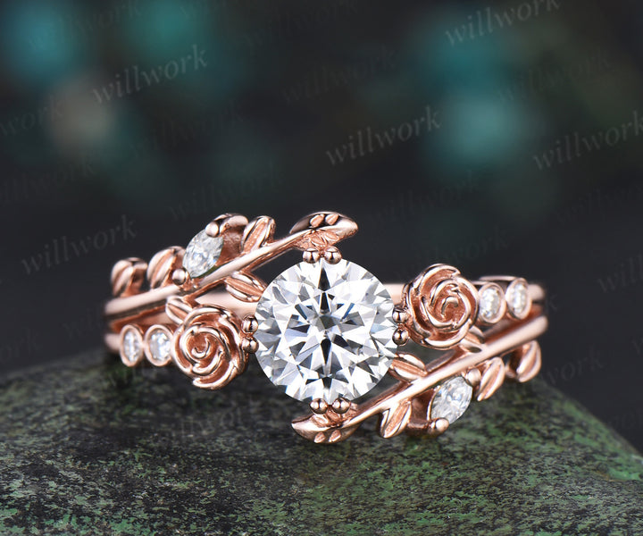 1ct round cut moissanite engagement ring floral leaf diamond ring women rose gold nature inspired promise ring her gift