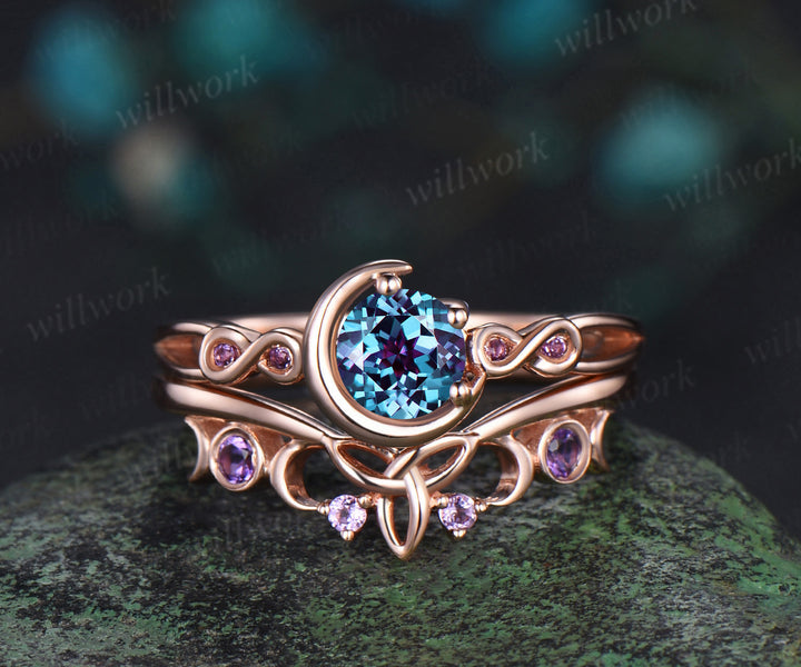 Round cut alexandrite engagement ring rose gold moon infinity five stone amethyst Celtic knot wedding ring set women