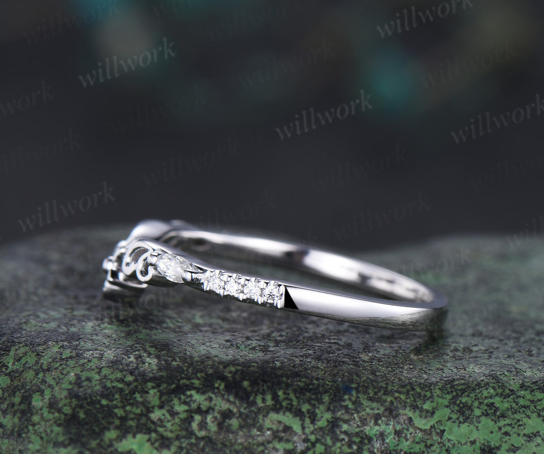 Vintage floral moissanite wedding dand curved filigree full eternity band solid 10k/14k/18k matching band stackable bridal ring