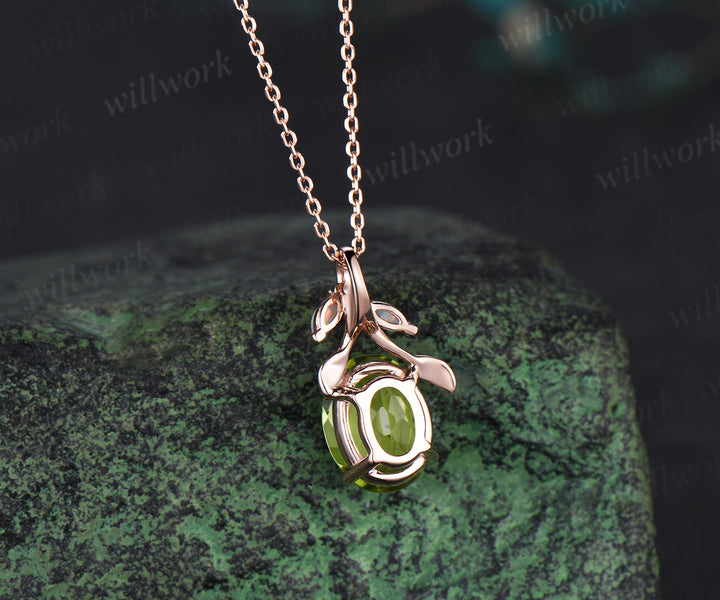 Oval cut peridot Necklace 14k rose gold three stone opal leaf Nature Inspired Pendant antique anniversary gift jewelry