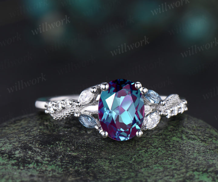 Oval Alexandrite Wedding Ring Double Snake Engagement Ring white gold Cluster Diamond topaz Wedding Ring Unique Serpent Ring Proposal Gift for Her