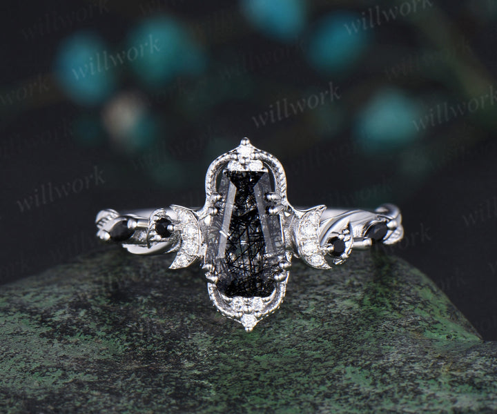 Coffin cut black rutilated quartz engagement ring white gold antique leaf twisted moon diamond wedding anniversary ring women gift