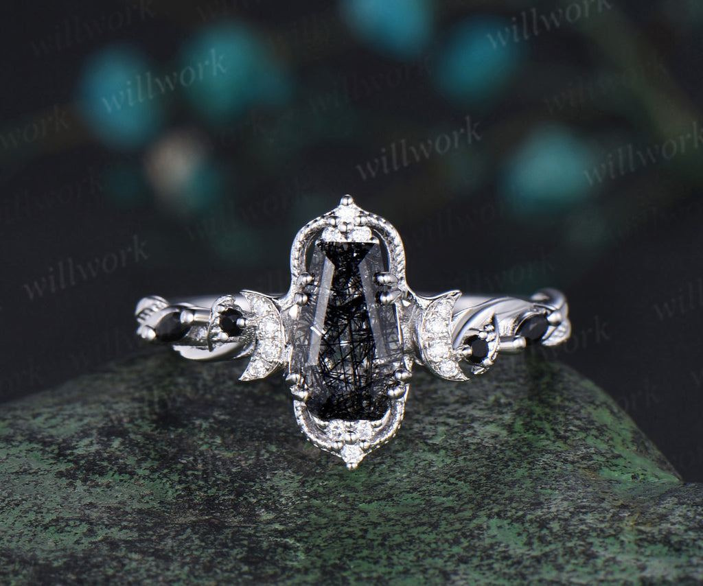 Natural Black Rutile Coffin Shape Engagement Ring set, 3pcs unique Ruitle on sale Art deco Wedding Ring set, Gift for Anniversary, Vintage Ring set