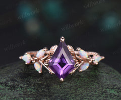 Unique kite cut amethyst engagement ring leaf kite opal ring 14k rose gold art deco promise anniversary gift