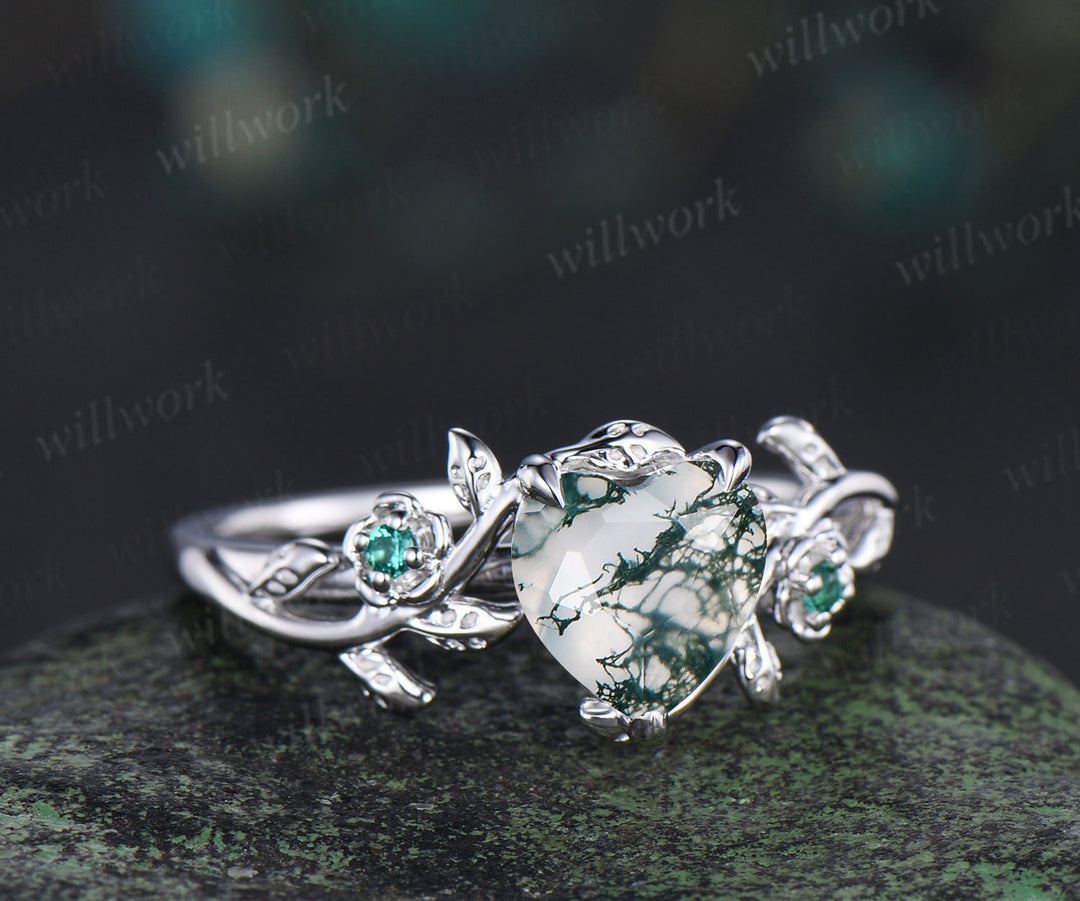 Heart cut green moss agate engagement ring women leaf floral emerald 14k white gold nature inspired promise wedding ring women gift