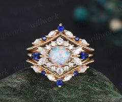 Hexagon white opal engagement ring set 14k yellow gold halo moissanite sapphire wedding ring set