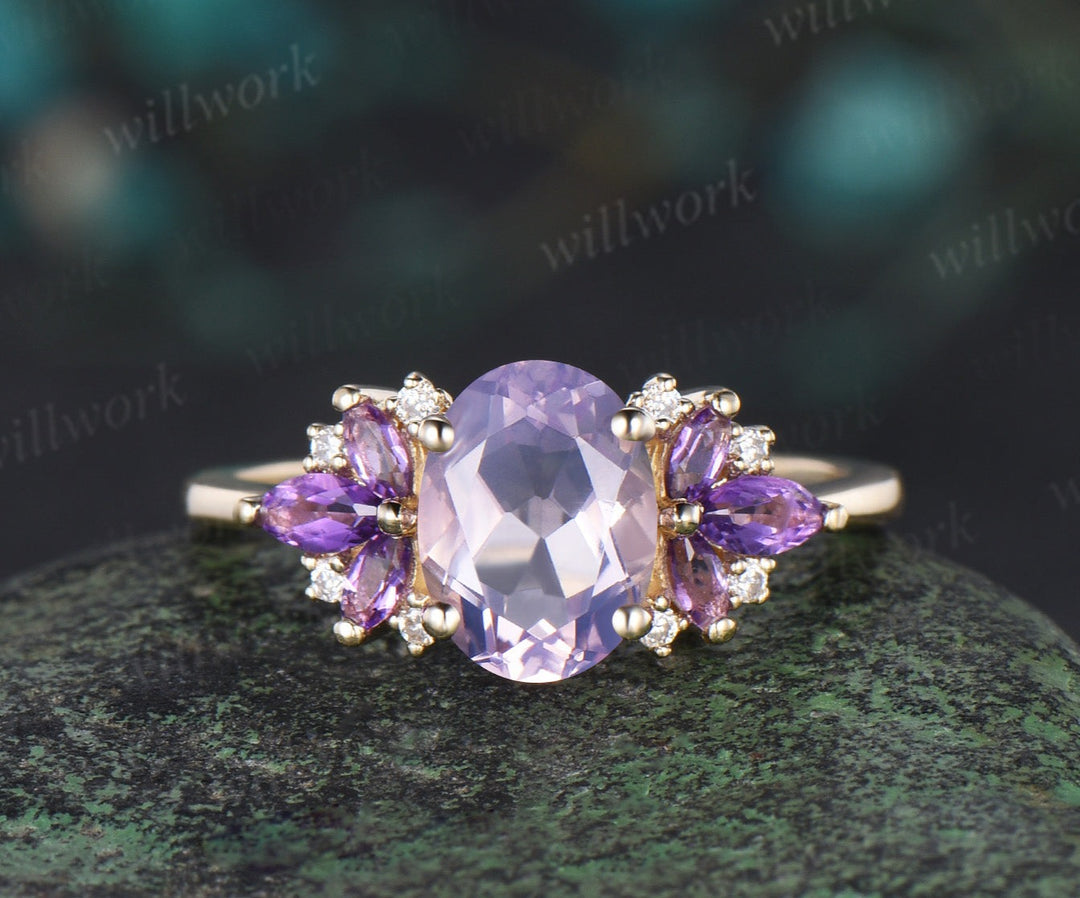 Oval cut Lavender Amethyst engagement ring solid 14k yellow gold cluster butterfly diamond Crystal wedding anniversary ring gift