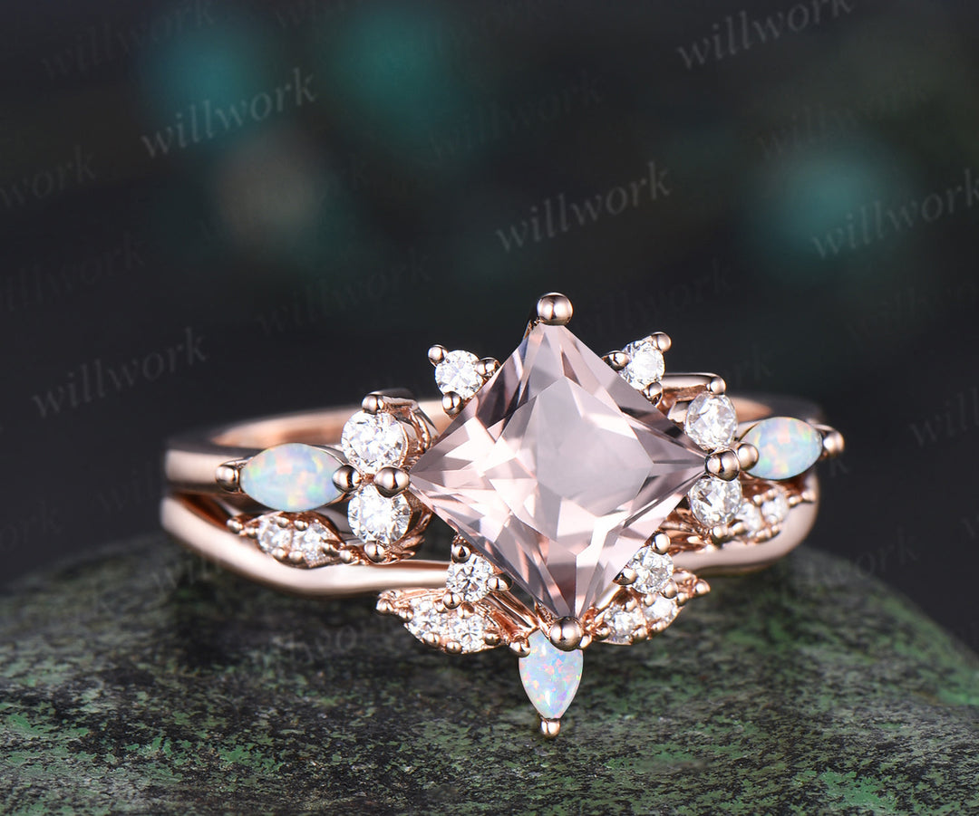 Pincess cut morganite engagement ring set cluster diamond rose gold opal ring women stacking promise wedding ring set