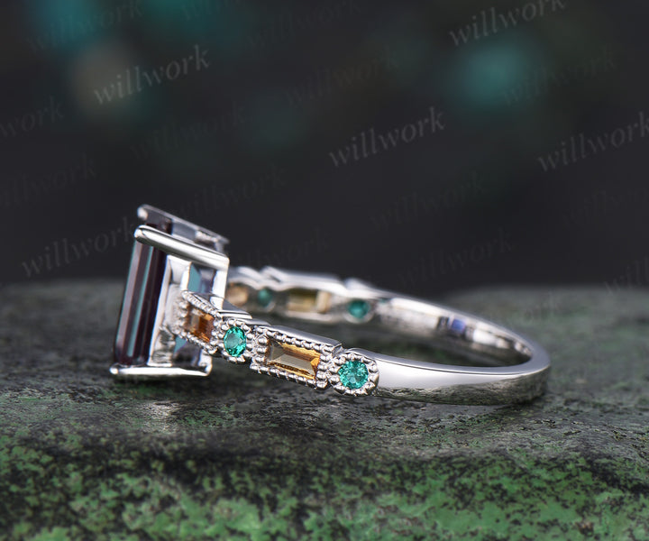 Emerald cut alexandrite Engagement Ring white gold Baguette cut citrine ring vintage Milgrain half eternity emerald anniversary ring gift