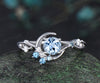 Round cut aquamarine engagement ring white gold moon vine twisted cluster diamond blue topaz wedding ring women