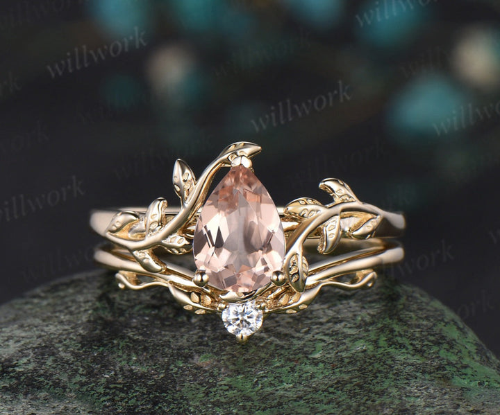 Pear shaped morganite Engagement Ring Solitaire leaf nature inspired solid 14k yellow gold wedding bridal ring set women jewelry