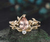 Pear shaped morganite Engagement Ring Solitaire leaf nature inspired solid 14k yellow gold wedding bridal ring set women jewelry