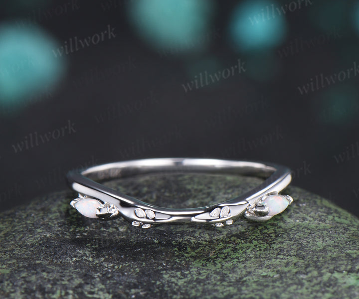 Marquise opal wedding band leaf inspired white fire opal curved stacking ring gifts for her