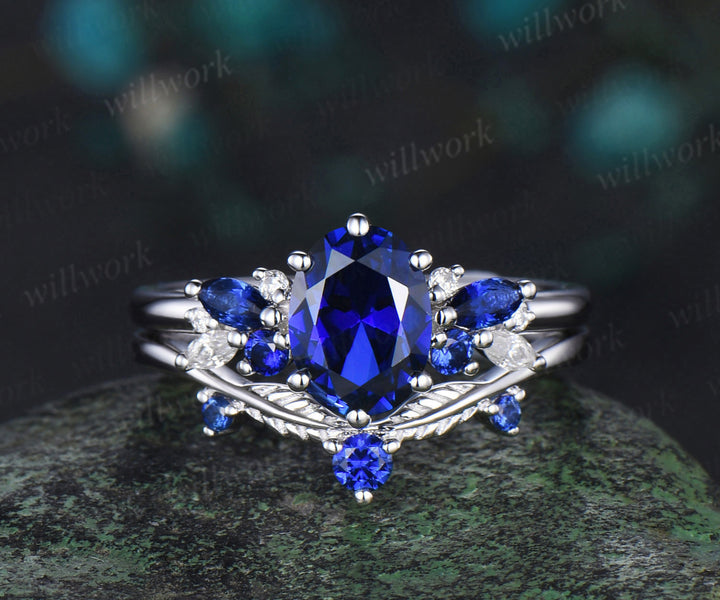 Oval cut blue sapphire engagement ring 6 prong white gold cluster snowdrift bridal anniversary ring set women jewelry