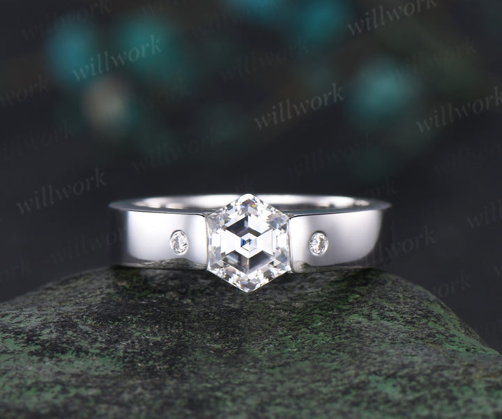 Hexagon cut moissanite wedding band men three stone diamond mens wedding ring band unique engagement anniversary gift