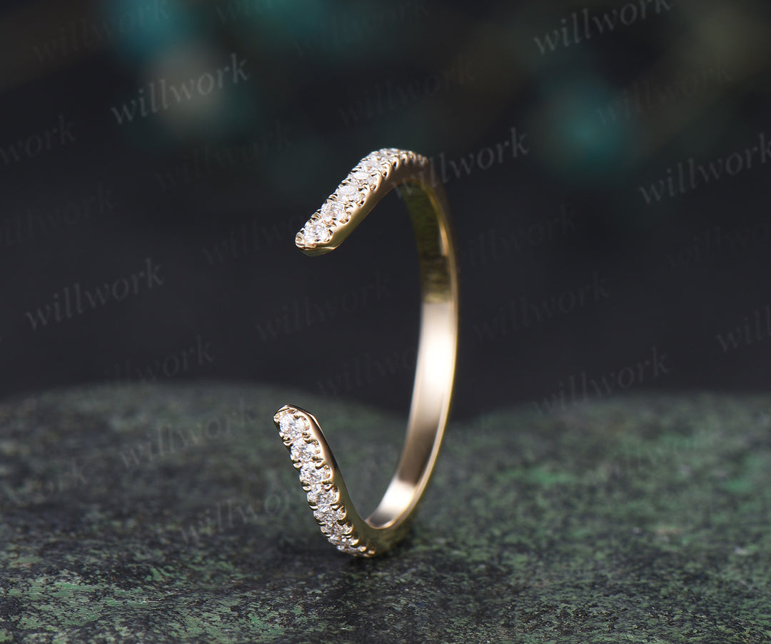 Curved open gap diamond wedding band solid 14k yellow gold half eternity stackable matching dainty bridal ring women gift